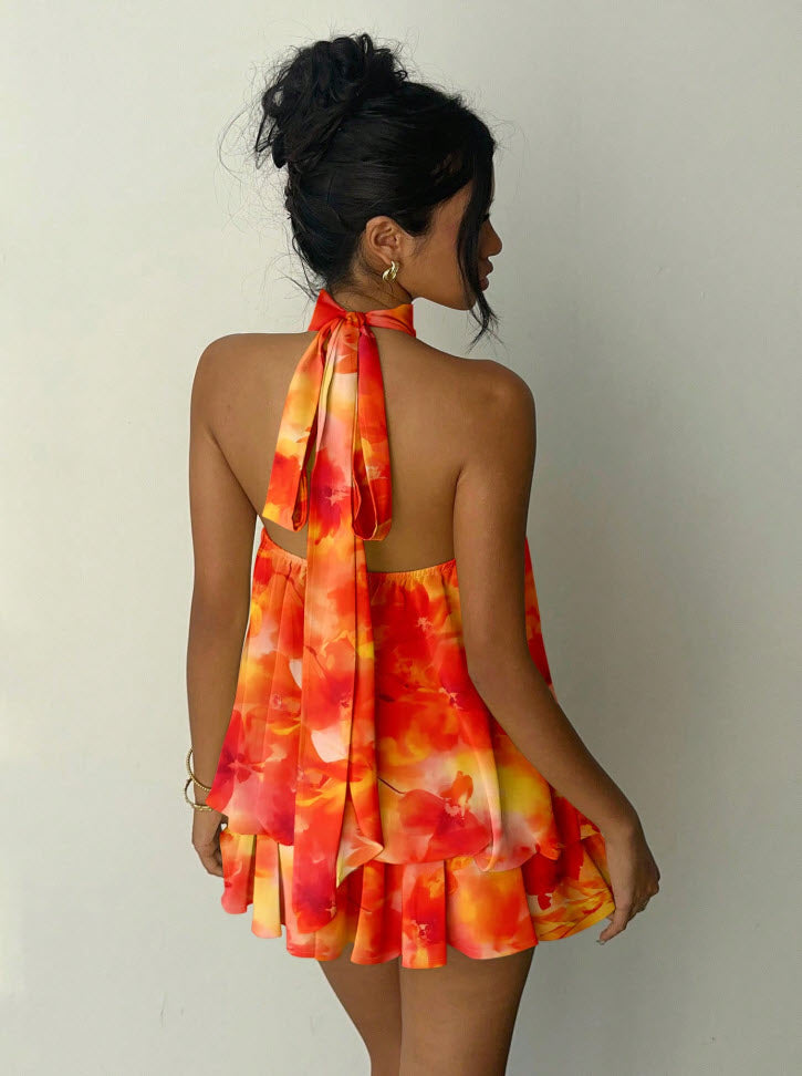 Halter Tie Mini Dress - Burning Orange