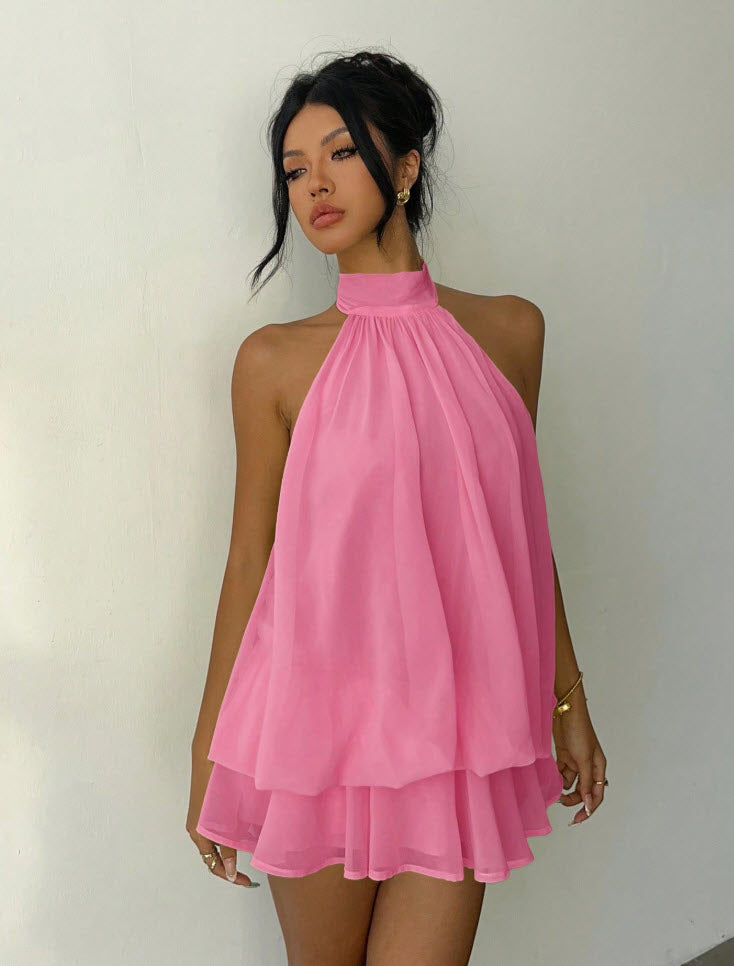 Halter Tie Mini Dress - Coral Pink