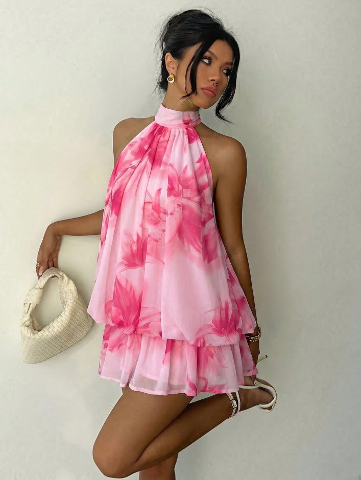Halter Tie Mini Dress - Pink Lotus