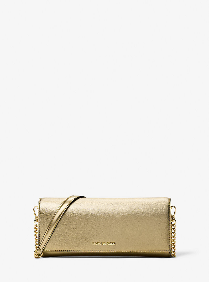 Jet Set Medium Embellished Metallic Leather Clutch - Pale Gold