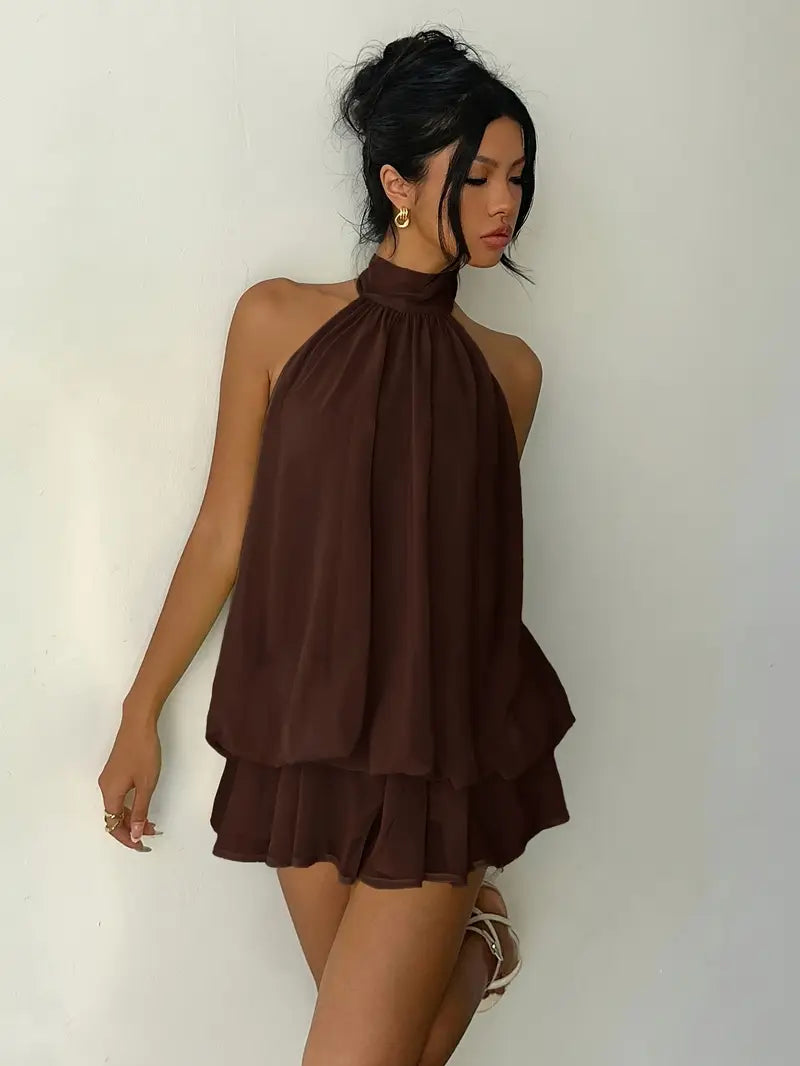 Halter Tie Mini Dress - Coffee