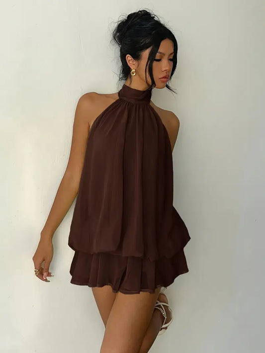 Halter Tie Mini Dress - Coffee