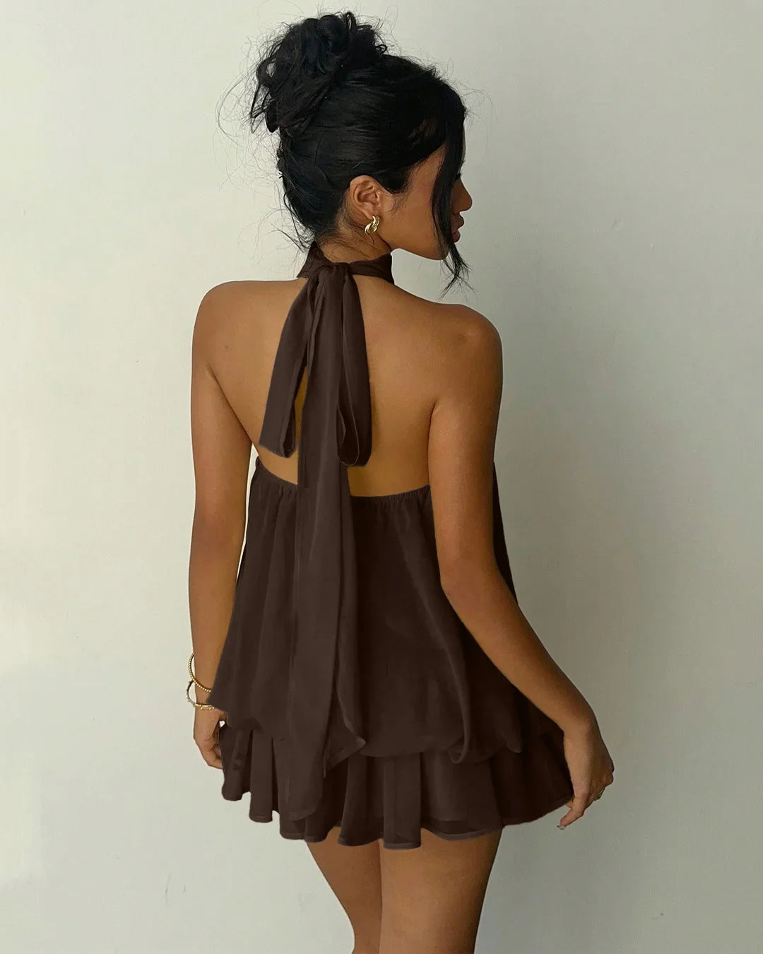 Halter Tie Mini Dress - Coffee