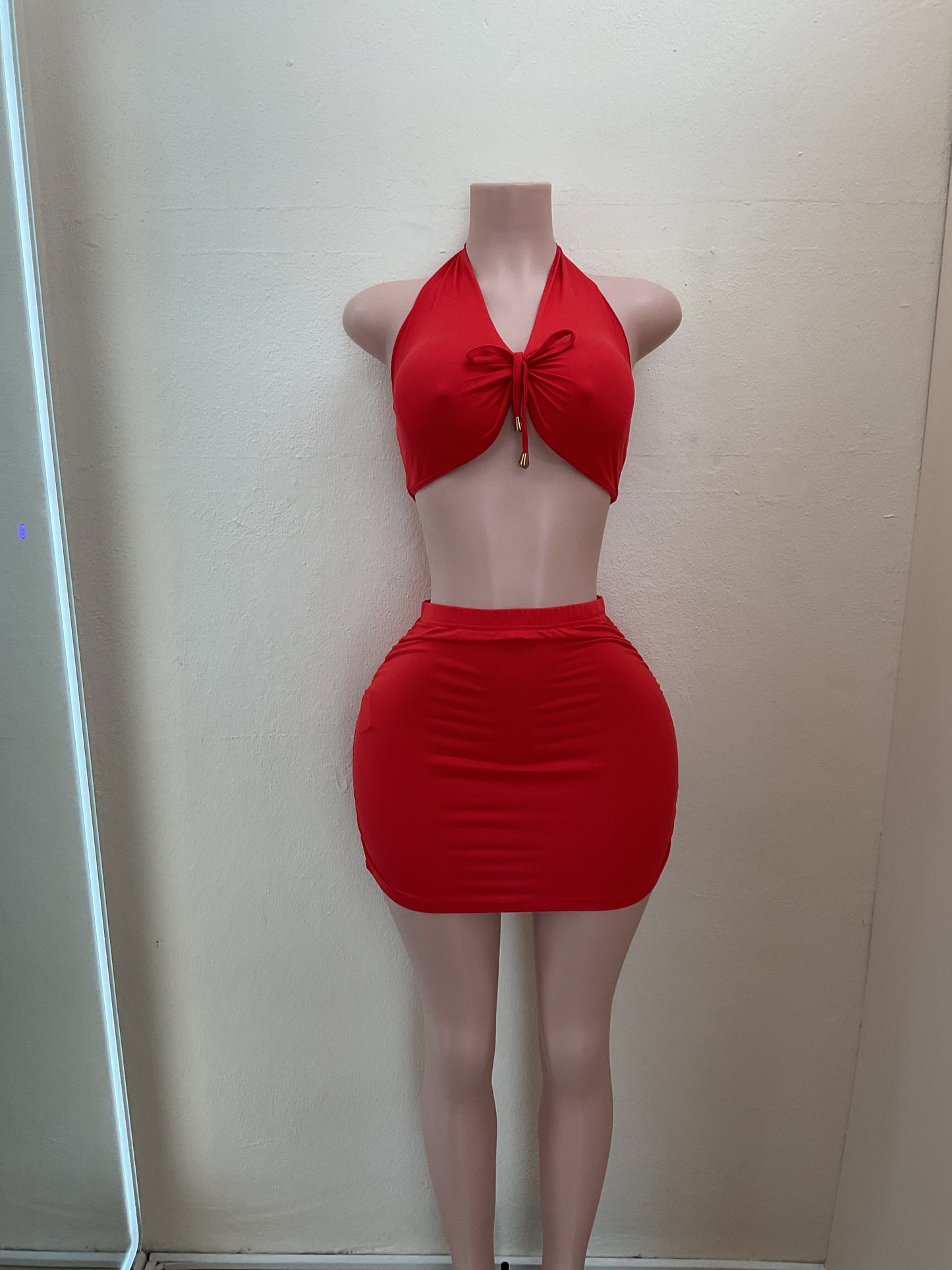 Vivid red sheer halter mini Short Set