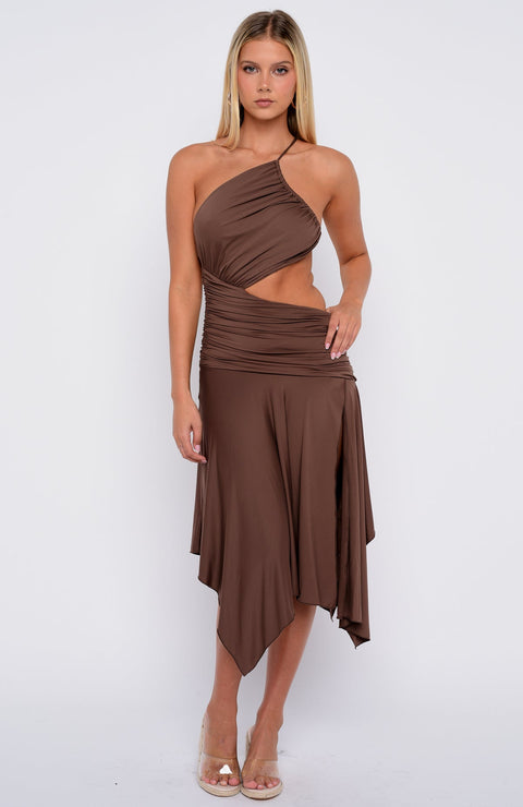 Tie Me Down One Shoulder Midi Dress - Chocolate