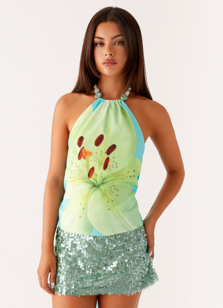 Dalila Beaded Tie Back Top - Turquoise Floral - Turquoise Floral