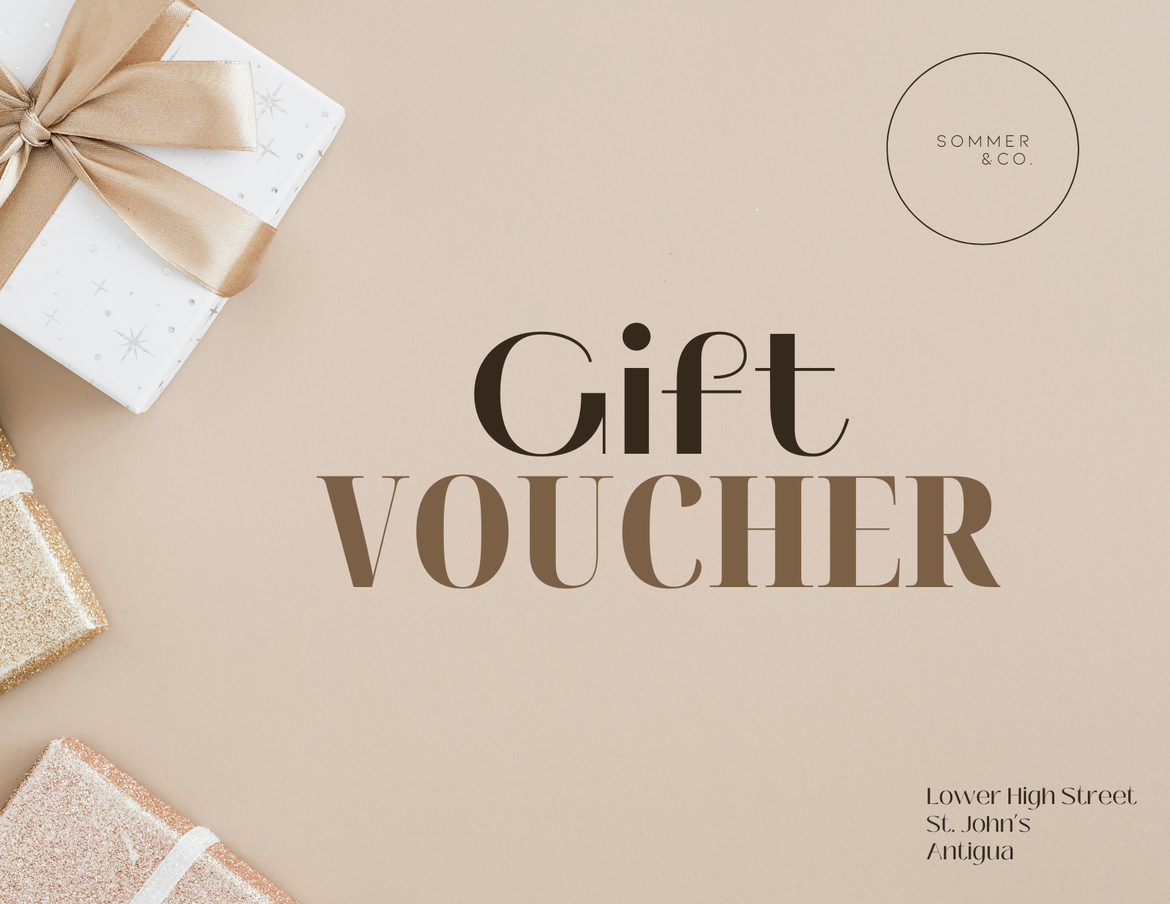 Gift voucher design with a bow-tied gift box on a beige background, featuring the brand 'Sommer & Co'.