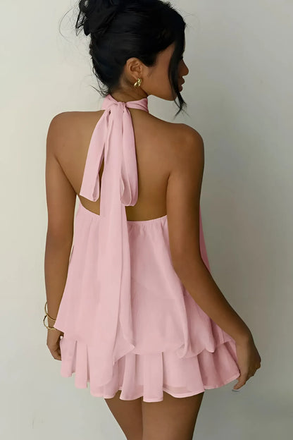 Halter Tie Mini Dress - Baby Pink