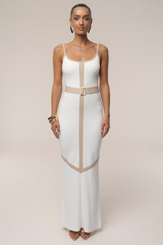 Ivory/Beige Belted Cami Maxi Dress