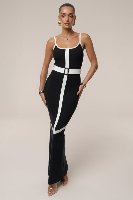 Black/Ivory Belted Cami Maxi Dress