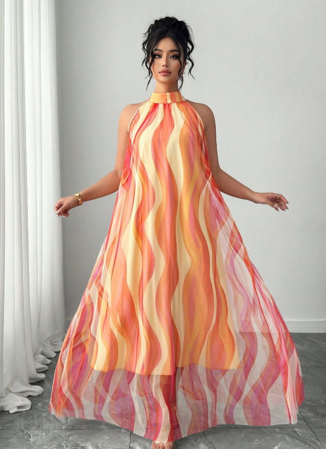 Plus Size Chiffon Long Dress - Orange