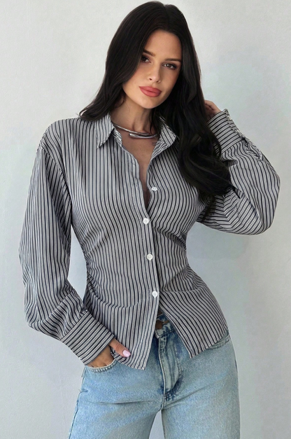 Striped Button Office Shirt - Black White