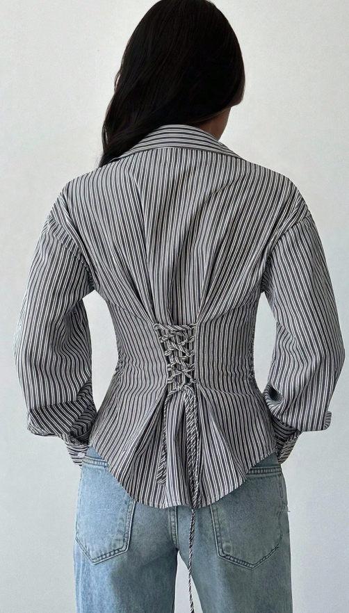 Striped Button Office Shirt - Black White