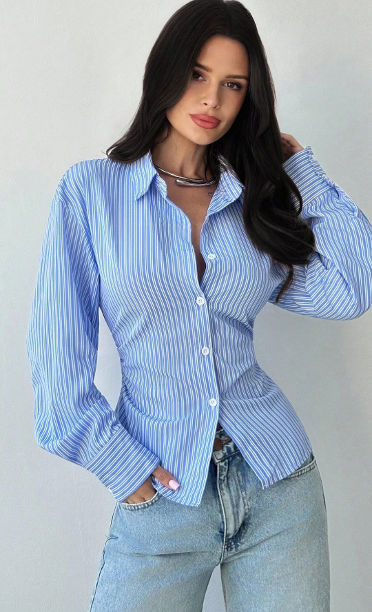 Striped Button Office Shirt - Blue