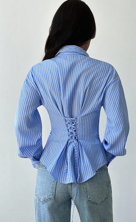 Striped Button Office Shirt - Blue