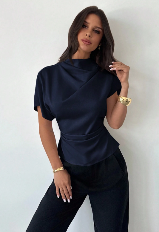 Asymmetrical Ruched Office Top - Navy