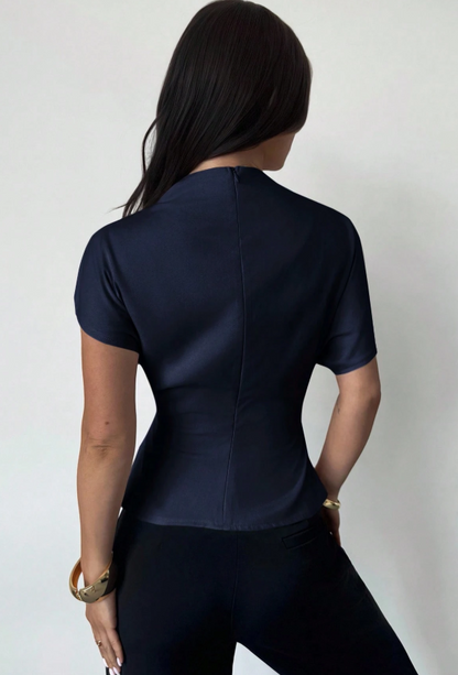 Asymmetrical Ruched Office Top - Navy