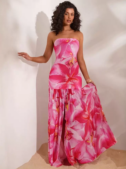 Opulessa Floral Knit Long Dress - Pink
