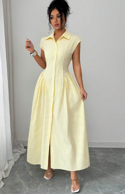 Lili House Striped Pleated Long Dress - Yellow