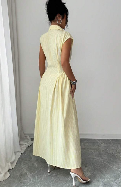 Lili House Striped Pleated Long Dress - Yellow