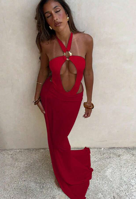 Metal Ring Bikini Skirt Set - Red