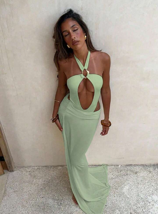 Metal Ring Bikini Skirt Set - Green