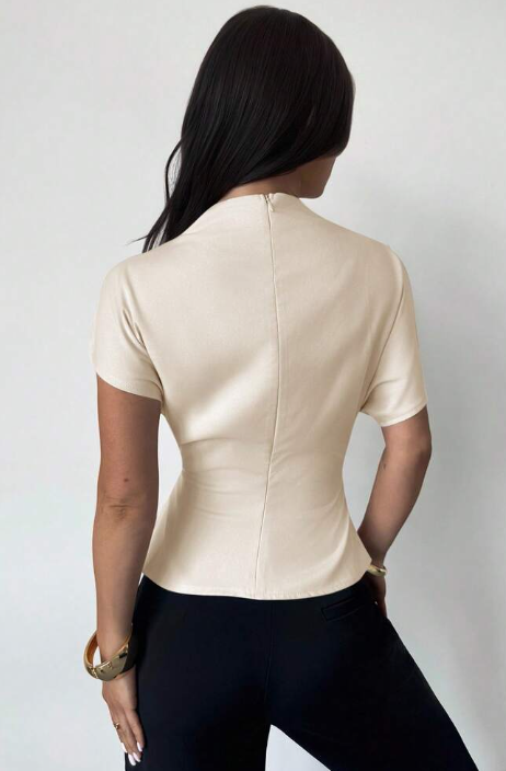 Asymmetrical Ruched Office Top - Beige