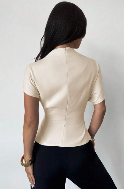 Asymmetrical Ruched Office Top - Beige