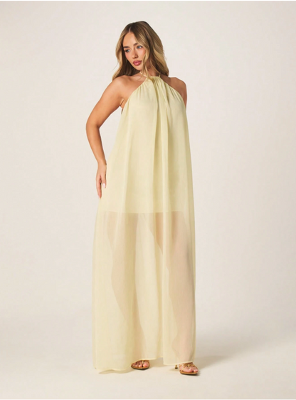 Chiffon Halter Neck Maxi Dress - Yellow