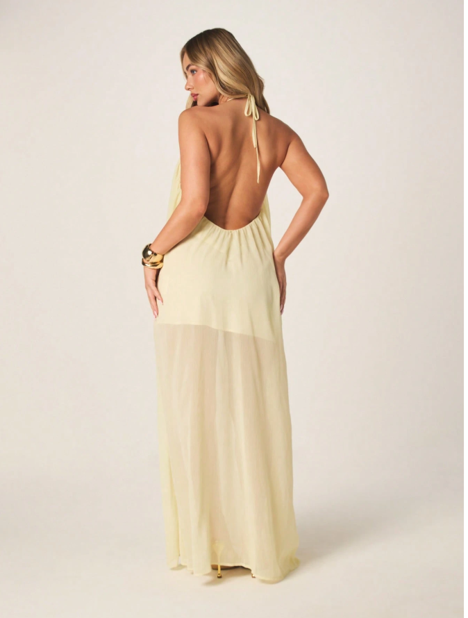 Chiffon Halter Neck Maxi Dress - Yellow