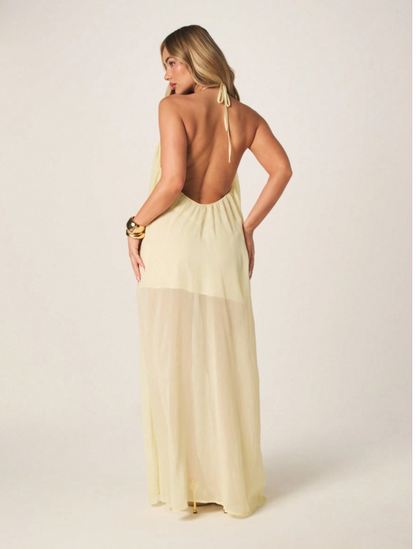 Chiffon Halter Neck Maxi Dress - Yellow