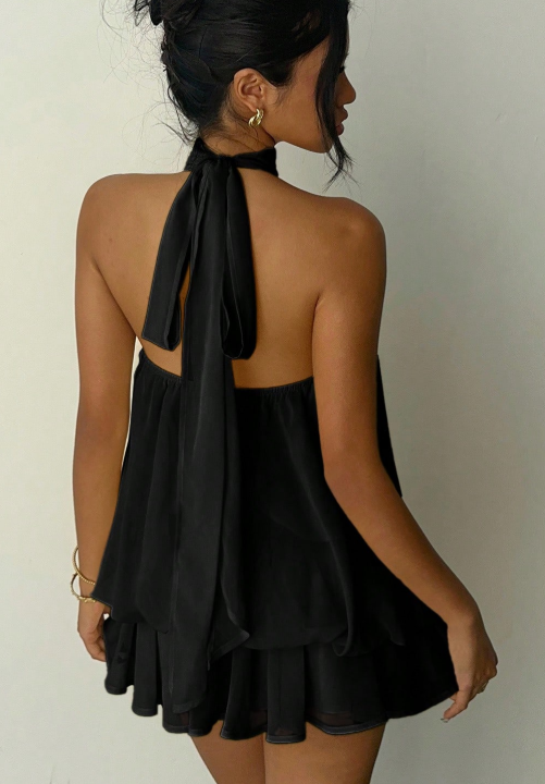 Halter Tie Mini Dress - Black