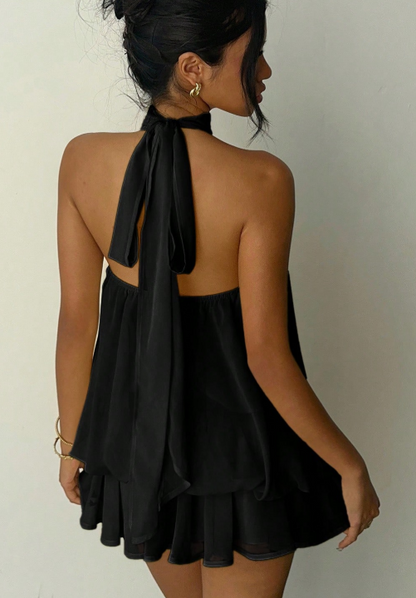 Halter Tie Mini Dress - Black