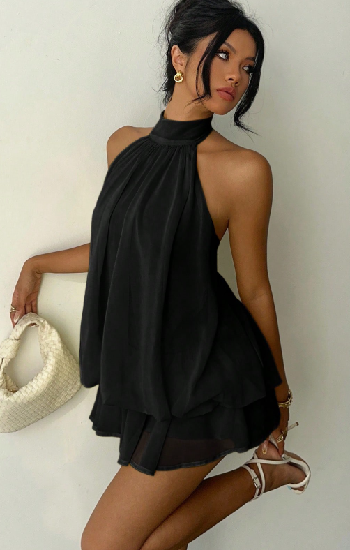 Halter Tie Mini Dress - Black