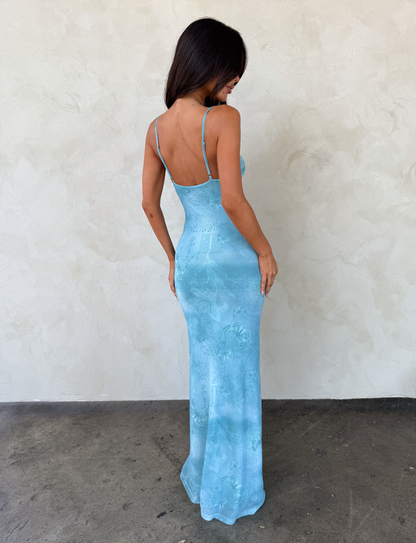 Teal Brocade Cocktail Long Dress