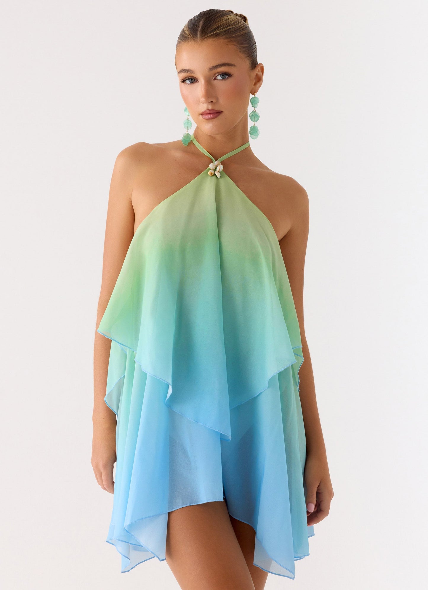 Ruffle Halter Neck Mini Dress - Baby Blue
