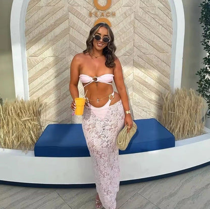 Pink Halter Bikini Set With Lace Skirt Cover Up