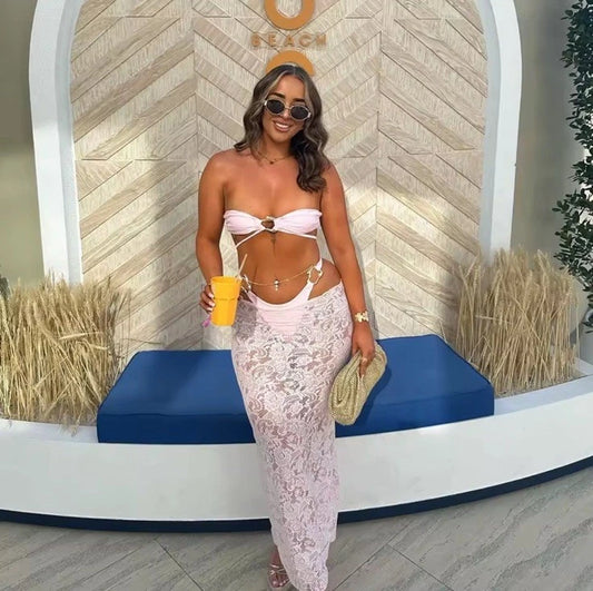 Pink Halter Bikini Set With Lace Skirt Cover Up